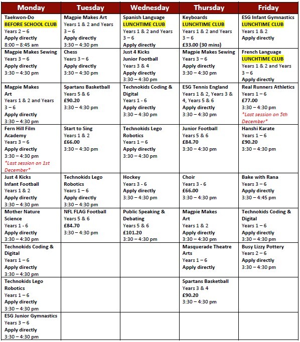 Extracurricular Clubs Autumn 2025