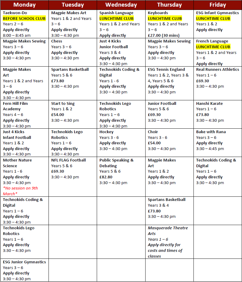 Clubs Spring Term 2026